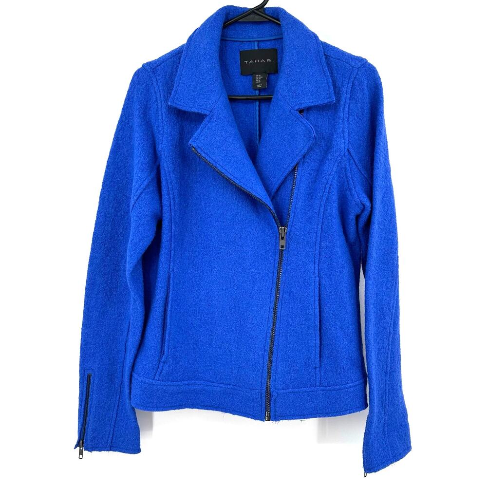 Tahari Size Medium Zip Up Jacket Moto Style Blue Zipper Sleeve Wool Viscose